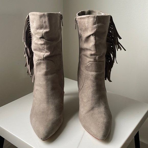 Taupe Fringe Pointed Toe Booties Suede Fall Bootie - Picture 2 of 6